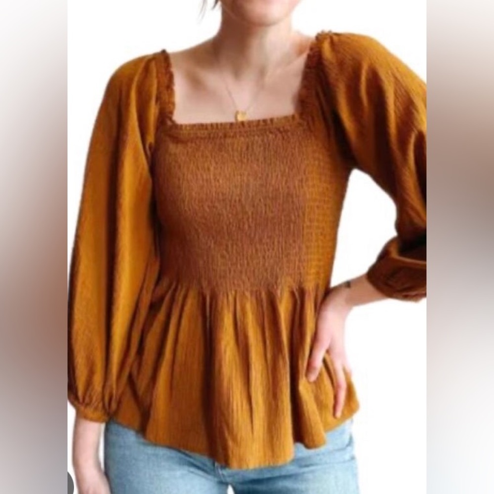 Madewell Lucie Smocked Peplum Top — Mustard